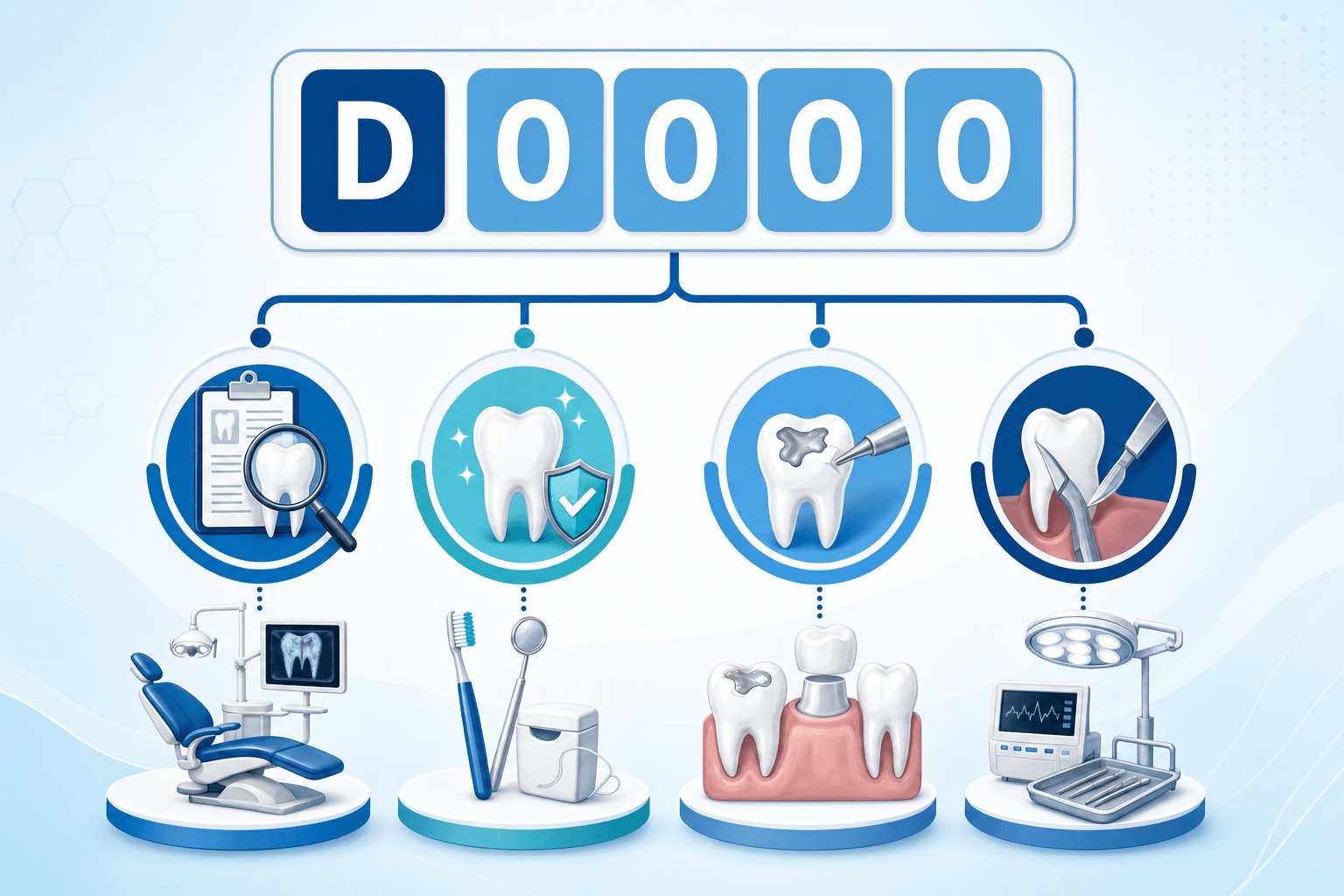 A clean, modern illustration showing the structure of dental coding system with alphanumeric code format, featuring a large letter D followed by four digits, with visual branches or categories showing different service types like diagnostic, preventive, restorative, and surgery represented through dental-related iconography such as teeth, dental tools, and clinical equipment in a professional healthcare color palette of blues and whites