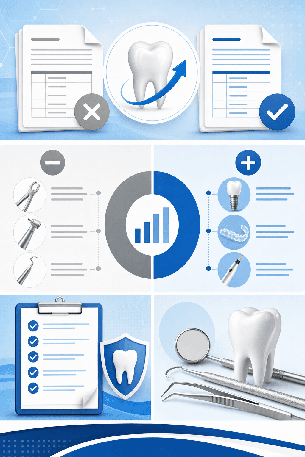 A professional healthcare infographic showing dental code updates and changes, featuring visual elements like documents with revision marks, plus and minus symbols representing additions and deletions, circular charts or pie segments showing distribution of changes, dental iconography such as teeth or dental tools, clipboard with checklist items, in a clean modern style with blue and white medical color palette