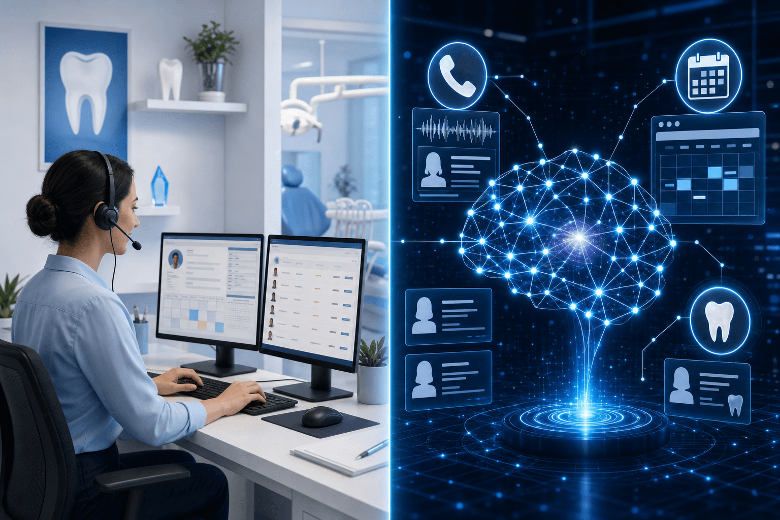 A split-screen comparison showing a remote human worker on one side sitting at a desk with headset and computer working on administrative tasks, and on the other side a futuristic AI system represented by glowing neural network nodes and digital interface elements handling phone calls and scheduling. Modern, professional dental office theme with clean blue and white color palette. No text or letters.