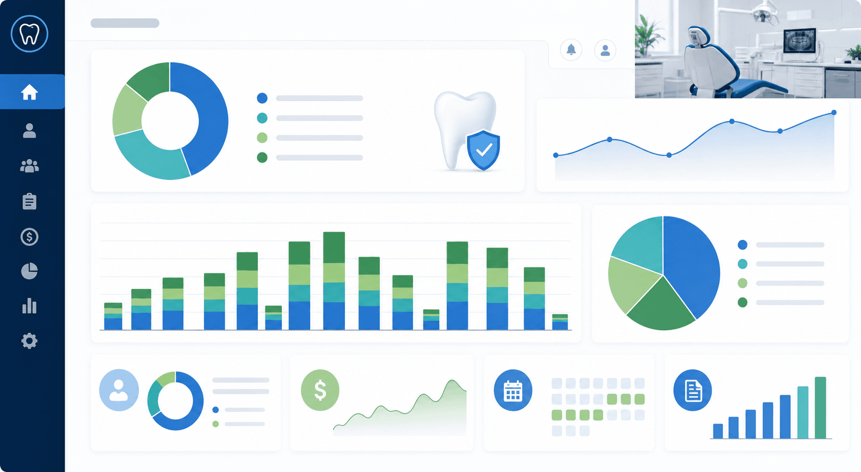 A professional business analytics dashboard showing financial aging buckets and accounts receivable data visualization, with bar charts displaying different time periods (0-30, 31-60, 61-90, 90+ days), clean modern interface, dental office context, blue and green color scheme, no text or numbers visible