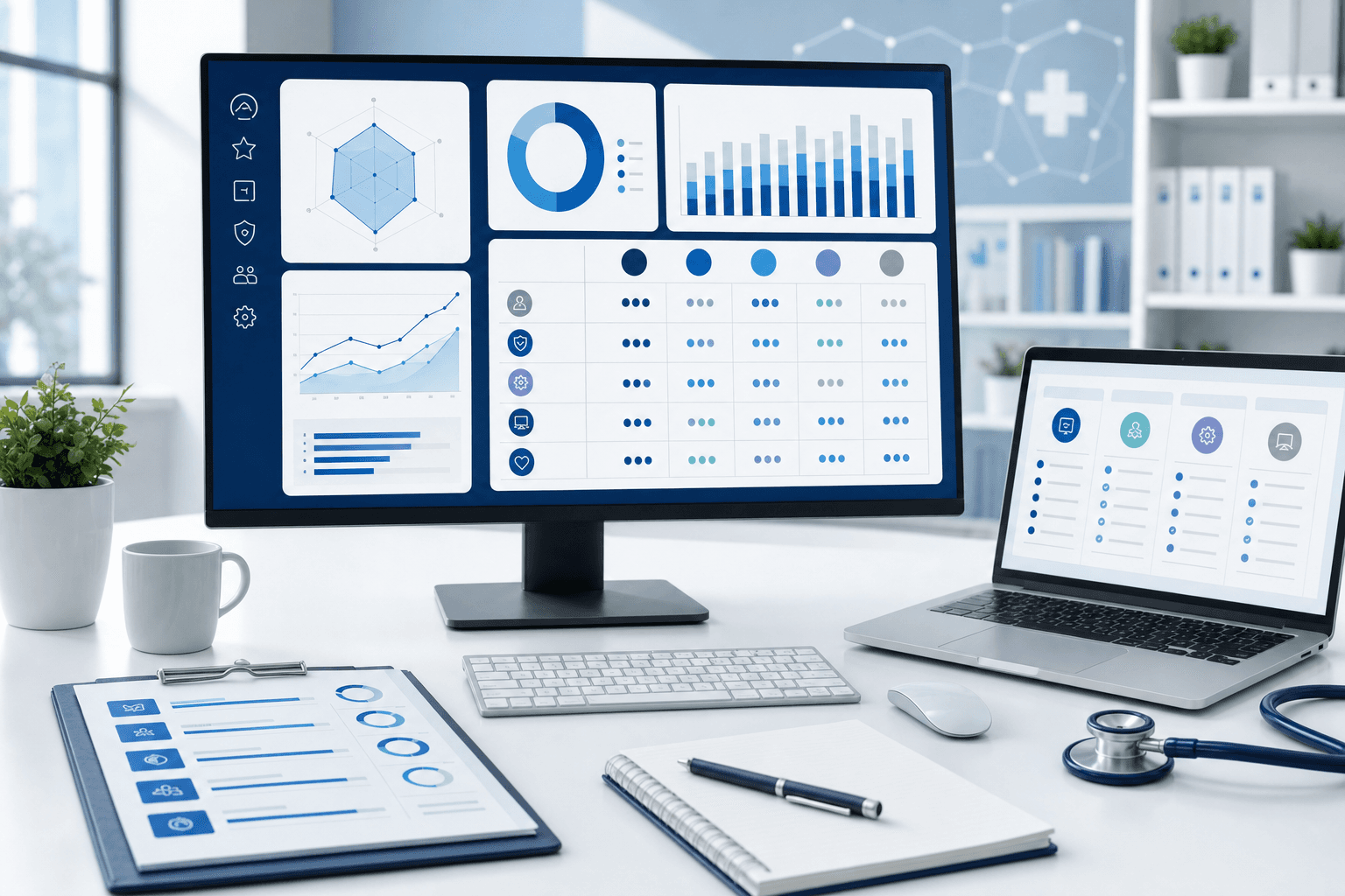 Modern professional business evaluation concept, clean minimalist workspace with digital dashboard displaying metrics and analytics charts, ranking criteria visualization, comparison matrix on computer screen, professional healthcare technology assessment environment, bright office lighting, blue and white color scheme, organized and systematic approach to software selection
