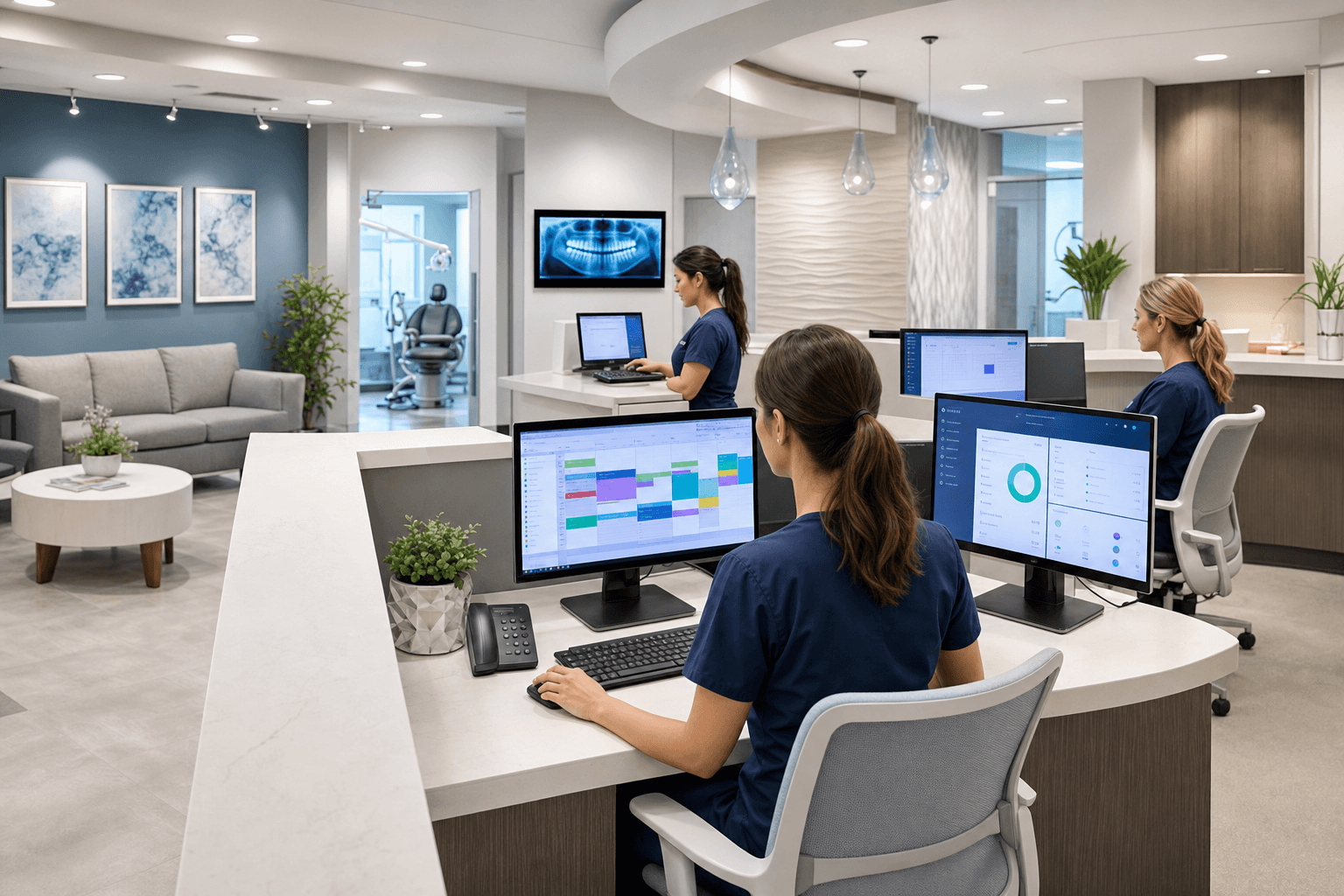 Modern dental office front desk with computer monitors displaying patient scheduling software, a clean reception area with ergonomic furniture, professional dental staff working at computers, digital workflow visualization, bright clinical lighting, contemporary healthcare technology environment